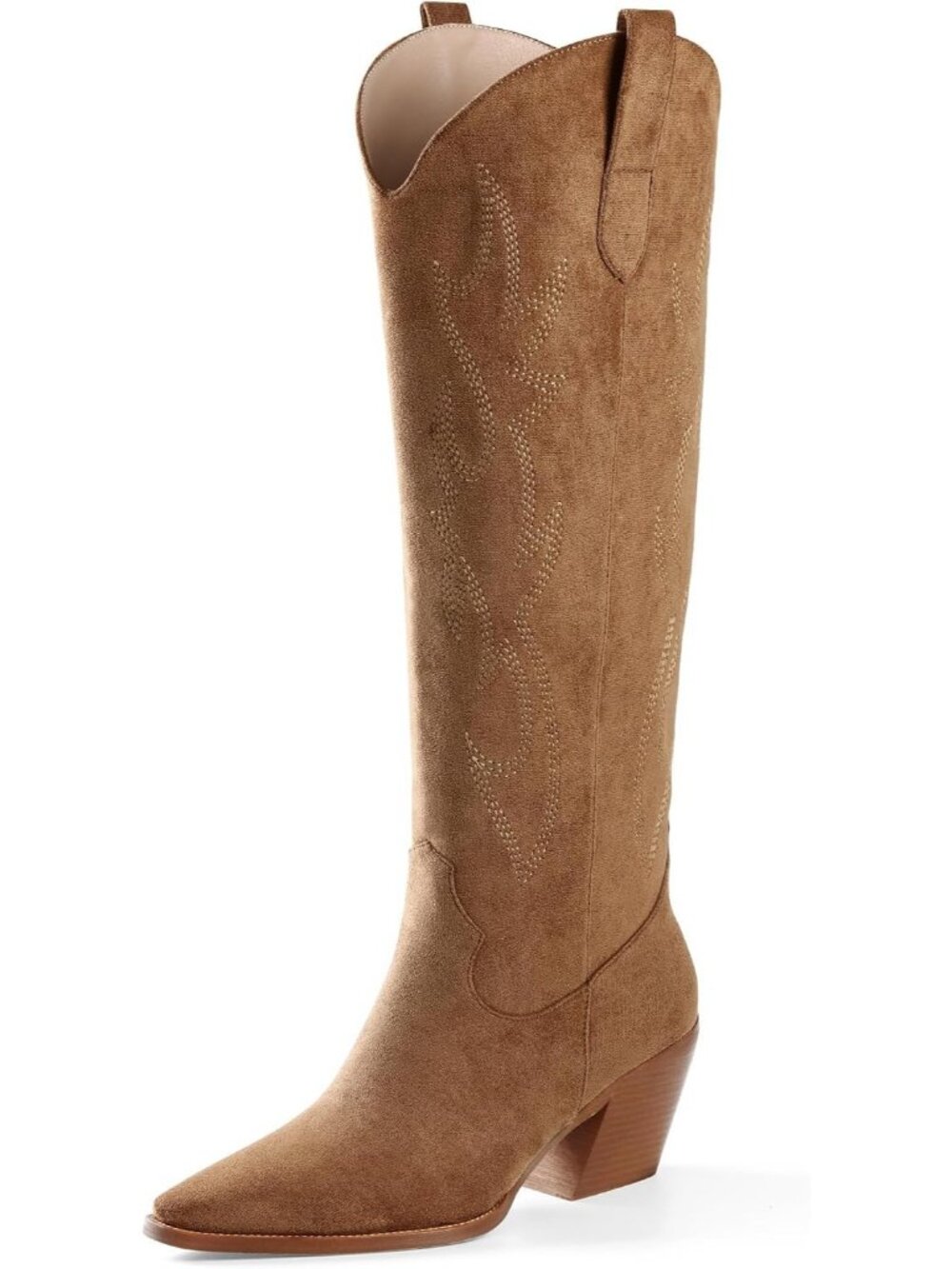 Womens Light Brown Knee High Boot Pointed Toe Block Heel Suede Faux Leather Boot